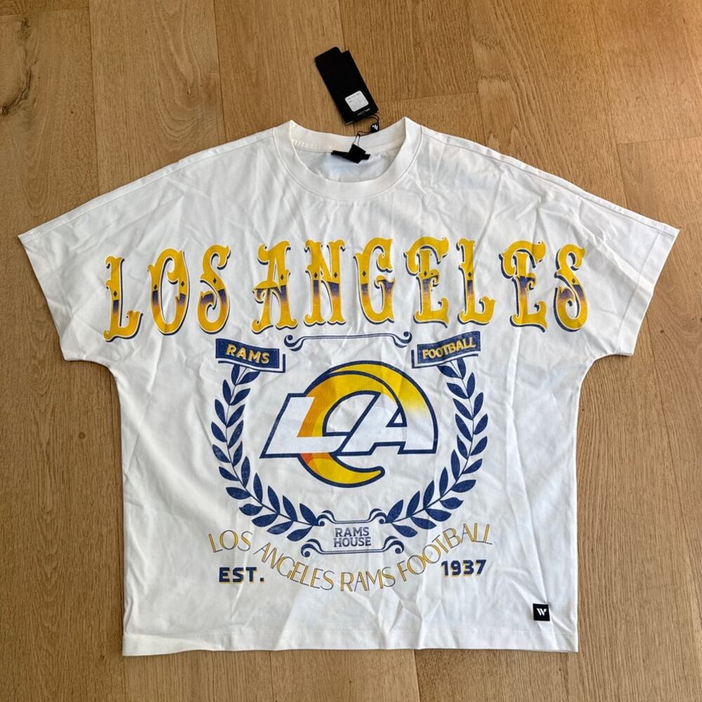 The Wild Collective Dolman Tee LA Rams Oversized Size S White Blue Yellow